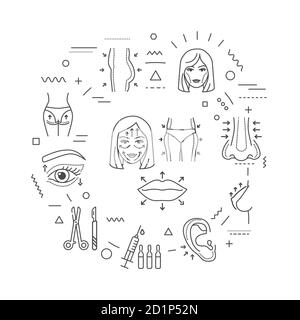 Plastic syrgery web banner. Correction female figure. Infographics with linear icons on white background. Creative idea concept. Isolated outline Stock Vector