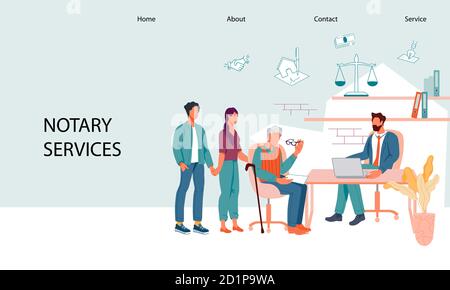 Website banner template for law firm and notary legal service. Notary advises clients and offers legal assistance to the elderly in inheritance and pr Stock Vector