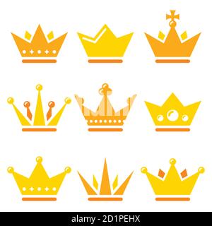 Crown, royal family vector icons set - design in gold color isolated on white Stock Vector