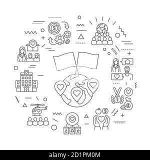 Volunteering web banner. Non profit community. Humanitarian aid. Infographics with linear icons on blue background. Creative idea concept. Isolated Stock Vector