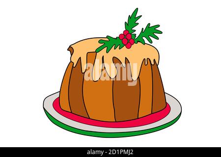 Christmas pudding with cream on plate. Homemade holly berry cake dessert. Traditional christmas and winter holiday food isolated on white background Stock Vector