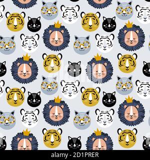 Childish seamless pattern with hand drawn lions, tigers and cats. Creative kids for fabric, wrapping, textile, wallpaper, apparel. Vector illustration Stock Vector