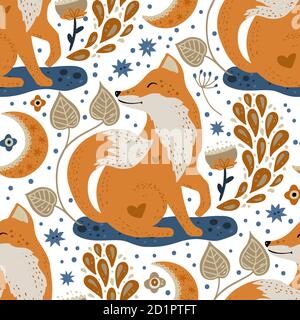 Nordic scandinavian fox animal seamless vector folk sitting among flowers pattern. Ornate woodland detailed textured cartoon wallpaper on a white back Stock Vector