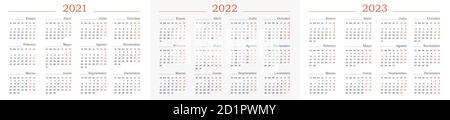 Calendar template for 2021, 2022, 2023 in Spanish. Horizontal Vector template set. Simple and clean design Stock Vector