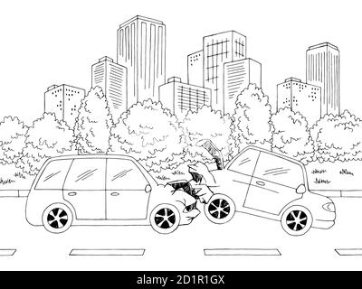 Car crash street road graphic black white city landscape sketch illustration vector Stock Vector