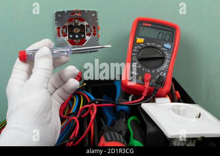 Tools for electrician needs: shocket multimeter, voltage testers, wire strippers, pliers, Stock Photo