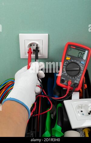 Tools for electrician needs: shocket multimeter, voltage testers, wire strippers, pliers, Stock Photo