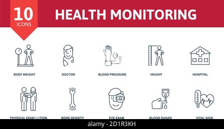 Health Monitoring icon set. Collection contain hospital, doctor, blood pressure, body weight and over icons. Health Monitoring elements set Stock Vector