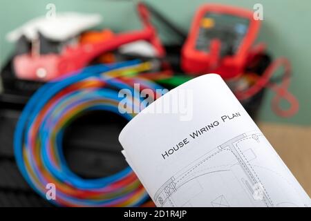 Tools for electrician needs: shocket multimeter, voltage testers, wire strippers, pliers, Stock Photo