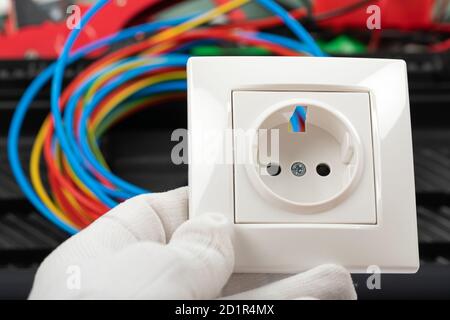 Tools for electrician needs: shocket multimeter, voltage testers, wire strippers, pliers, Stock Photo