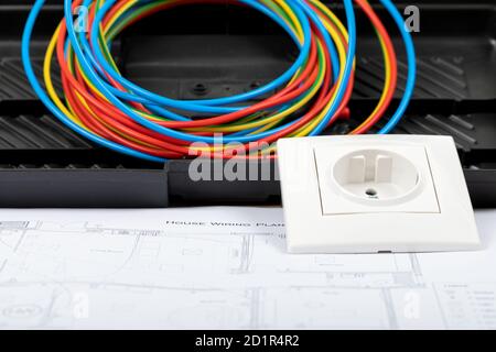 Tools for electrician needs: shocket multimeter, voltage testers, wire strippers, pliers, Stock Photo