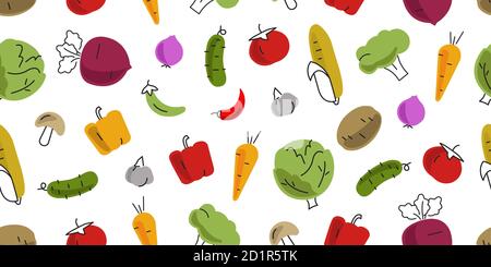 seamless pattern of bright illustrations of different autumn vegatables, line and coloured graphic, isolated on white backdrop Stock Vector