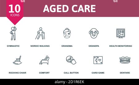 Schooling icon set. Collection contain grandpa, grandma, nordic walking, health monitoring and over icons. Schooling elements set. Stock Vector