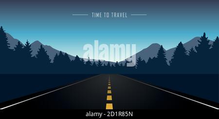 straight road in the forest with blue mountain landscape vector illustration EPS10 Stock Vector