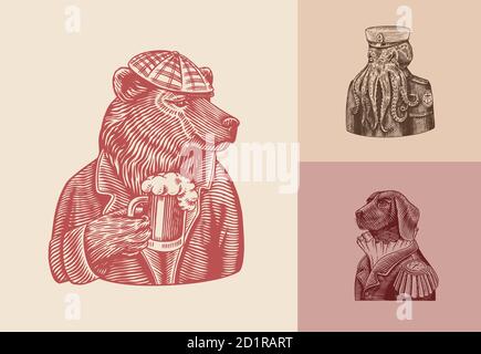 Grizzly Bear with a beer mug. Octopus sailor. Dog officer Fashion animal character. Hand drawn sketch. Vector engraved illustration for label, logo Stock Vector