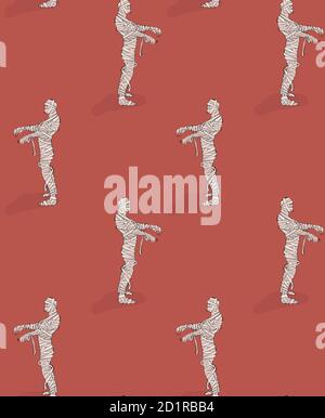 Mummy walking seamless background pattern. Zombie creepy dead body, Halooween fall design.  Spooky art, repetition cartoon funny illustration  in vect Stock Vector
