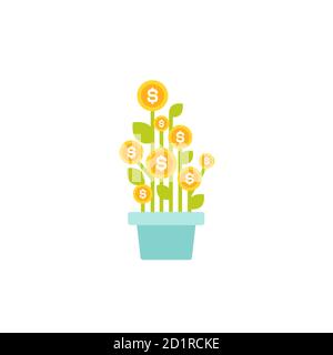 Plant in pot with green leaves and dollar coins as a flower. vector icon. Income growth flat icon. Isolated on white. Economy, finance, money symbol. Stock Vector