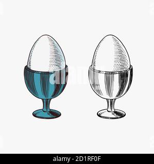 Boiled Egg for breakfast. Farm product. Engraved hand drawn vintage sketch. Woodcut style. Vector illustration for menu or poster. Stock Vector
