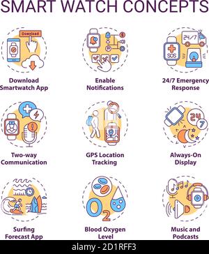 Smart watch concept icons set Stock Vector