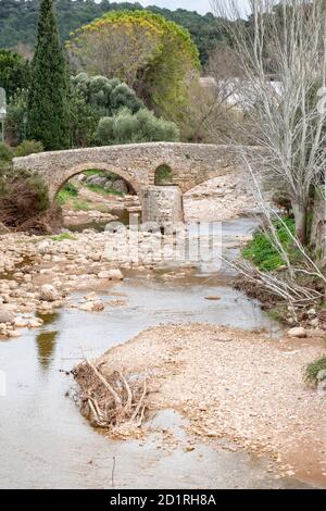 Pont Romà, Puente Romano sobre el torrente de Sant Jordi, 'Puente de Cubelles', Pollença , Mallorca, Balearic islands, spain Stock Photo