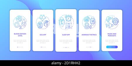 Smartwatch attributes onboarding mobile app page screen with concepts Stock Vector