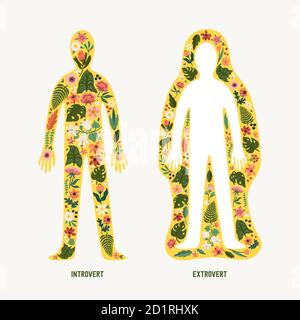 Extrovert and introvert. Extraversion and introversion concept - silhouettes of two human bodies with an abstract image of emotions as flowers inside Stock Vector