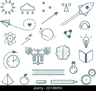 Scientific research outline icons set hand drawn isolated objects Stock Vector