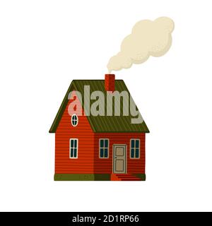 Red house. Wooden Barn house in rustic style on green island Stock Vector