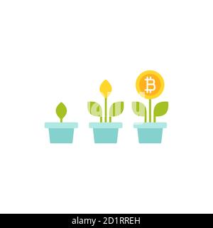 Plant in pot with green leaves and bitcoin as a flower. vector icon. Income growth flat icon. Isolated on white. Economy, finance, money symbol. Crypt Stock Vector