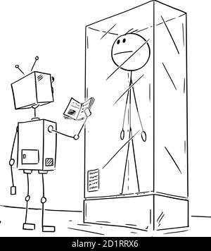 Vector cartoon stick figure drawing conceptual illustration of extinct man or male human being exhibited in museum exposition. Robot visitor is watching him. Stock Vector