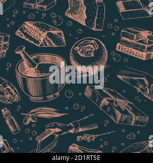 Bar of soap background. Seamless pattern. Washing hands in vintage style. Homemade packaging. Foam production process. Organic Bubble cosmetic for Stock Vector