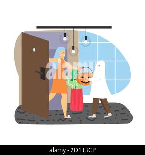 Cute boy in Halloween ghost costume with pumpkin basket trick or treating candies, flat vector illustration. Stock Vector