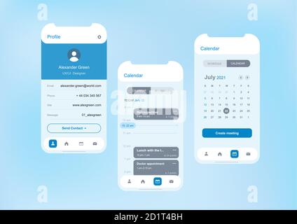 Mobile application template screen mockups for calendar and meeting organiser with profile page, light visual blue and white colors Stock Vector