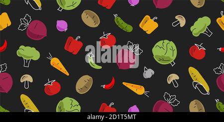 seamless pattern with vegetables icons simple bright and colourful illustrations, hand drawn effect, dark backdrop Stock Vector