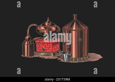 Distilled alcohol. Device for preparing tequila, cognac and spirits. Engraved hand drawn vintage sketch. Woodcut style. Vector illustration for menu Stock Vector