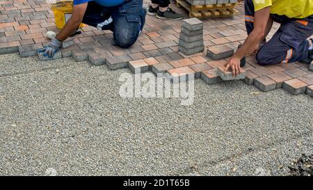 Master lay and install floor bricks on a public surface. The base is small stone and they fit concrete decorative pieces of brick. Stock Photo