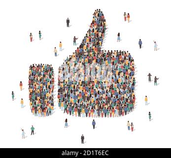 Like symbol made of many people, large crowd shape. Group of people stay in thumb up like sign formation. Social activity, collective action and Stock Vector