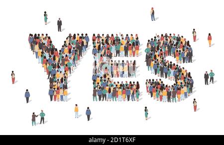 Word Yes made of many people, large crowd shape. Group of people stay in Yes sign formation. Social activity, collective action and public engagement Stock Vector