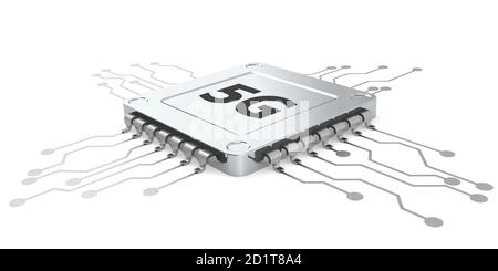 5G computer microchip isolated with white background, 3D rendering Stock Photo