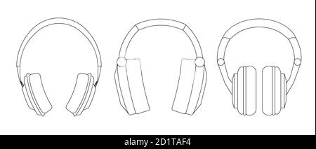 Set of contour different headphones. Linear drawing of musical equipment. The object is separate from the background. Vector black and white elements Stock Vector