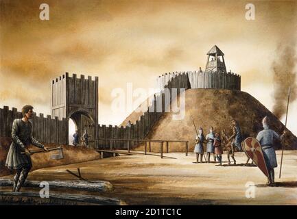 PICKERING CASTLE, North Yorkshire. Motte and bailey (wooden castle). Reconstruction drawing by Simon Hayfield. Stock Photo