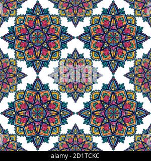 Seamless pattern of tracery coloring mandalas on white background. Hand drawn doodle background. Vector coloring doodle texture for fabrics, wallpaper Stock Vector
