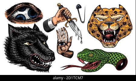 Set of Fashion patches. Tattoo artwork. Mystical magic hand. and snake. Esoteric Dagger, Leopard and wolf. Engraved hand drawn vintage sketch. Vector Stock Vector