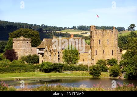STOKESAY CASTLE, Shropshire. View from the south west across the pond showing the South Tower and West Range.
