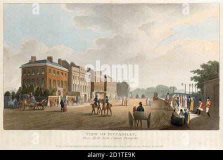APSLEY HOUSE, Piccadilly, Hyde Park Corner, London. 'View of Piccadilly from Hyde Park Corner Turnpike' dated 1810. No 19 of Ackermann's Repository of Arts. This view shows the original red brick house of 1771-8, designed by Robert Adam. It was substantially enlarged and remodelled by the Duke of Wellington, but it retains some Adam features in the interior.  MAYSON BEETON COLLECTION Stock Photo