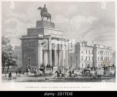 APSLEY HOUSE and WELLINGTON ARCH, Piccadilly, Hyde Park Corner, Westminster, London.  'Triumphal Arch and Duke of Wellington's Statue' by T H Shepherd. Published in Shepherd's 'The history of mighty London and its environs' in 1855. Engraving dated 1850. From the Mayson Beeton Collection. Stock Photo