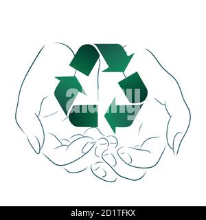 Outline drawing of hands holding a sign of recycling. Recycling and Zero Waste. Ecological vector element for logos, icons, banners and your design Stock Vector