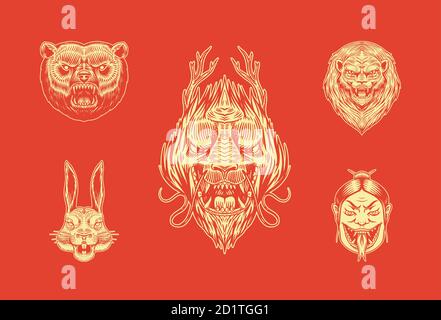 Grizzly bear, lion and Hare. Screaming mad Leo and rabbit. Chinese dragon.  Japanese woman snake. Animal for tattoo or label. Roaring beast. Engraved  Stock Vector Image & Art - Alamy