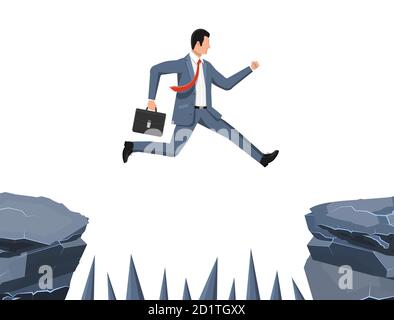 Businessman jumps to goal through abyss with thorns. Business man in suit with briefcase jump between gap. Obstacle on road, financial crisis. Risk management challenge. Flat vector illustration Stock Vector