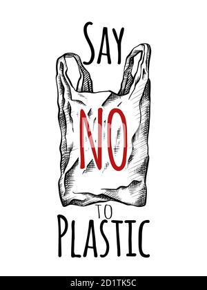Say no to plastic. Black white line drawing of a plastic bag. Environmental pollution. Vector scribble drawing for your creativity. Stock Vector